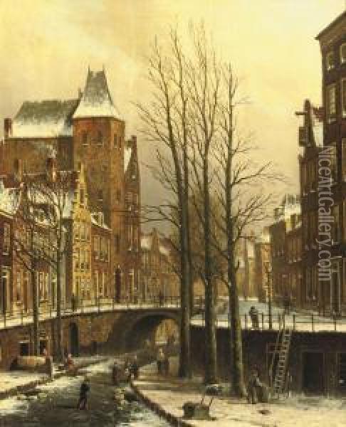 The Fortified City Castle Oudaen On The Oude Gracht In Winter, Utrecht Oil Painting - Oene Romkes De Jongh