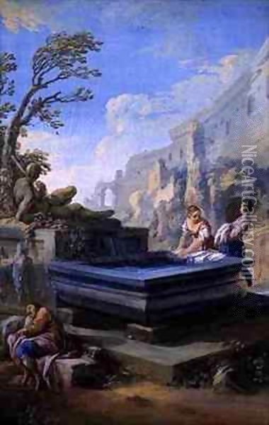 Washerwomen at a Classical Fountain Oil Painting - Pietro Bianchi
