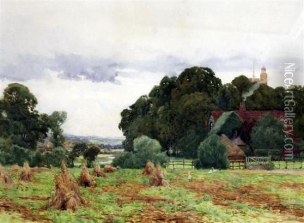 Cornfield With Farm Beyond Oil Painting - John Mallard Bromley