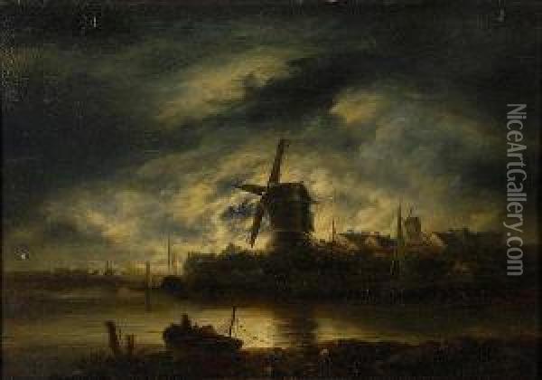 Riverscape At Night With Windmills And Boats. Oil Painting - William Henry Crome