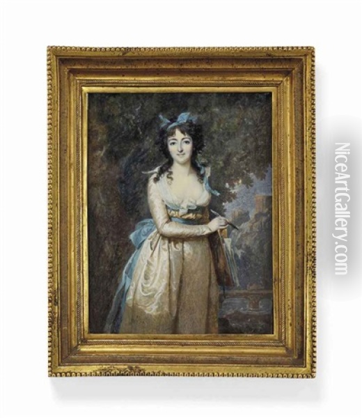 Portrait De Jeune Femme Tenant Un Carton A Dessin Et Un Pinceau Oil Painting - Francois Dumont