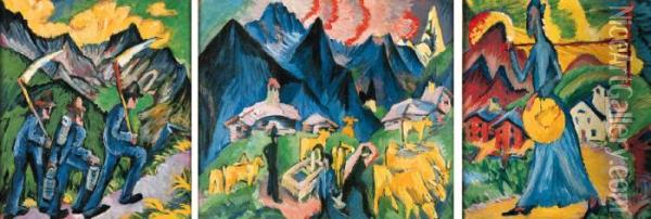 Alpleben, Triptychon Oil Painting - Ernst Ludwig Kirchner