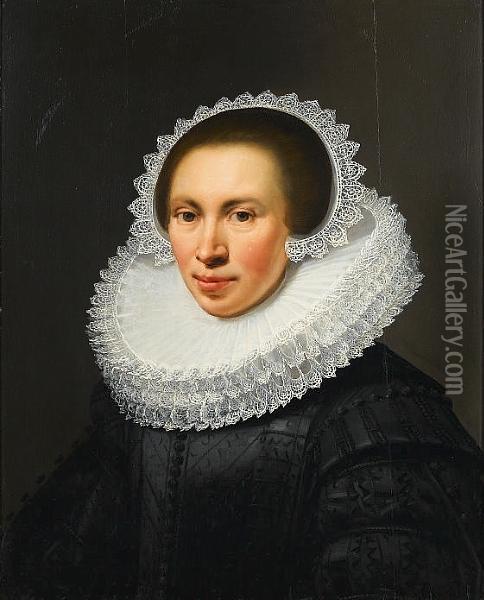 Portrait Of A Lady, Bust-length,
 In An Embroidered Black Silk Dress, A Lace Ruff And A Lace Cap Oil Painting - Jan Anthonisz Van Ravesteyn