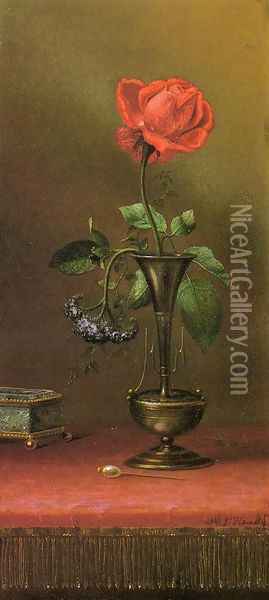 Red Rose And Heliotrope In A Vase Oil Painting - Martin Johnson Heade