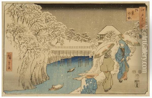 From Famous Places In Edo Oil Painting - Utagawa or Ando Hiroshige