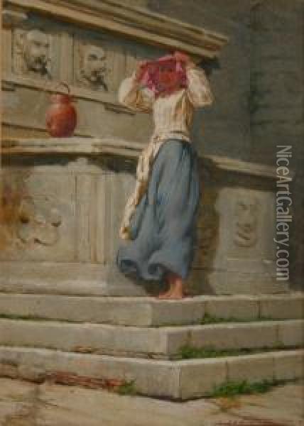 Portrait Of A Lady At A Fountain Oil Painting - Frank William Warwick Topham