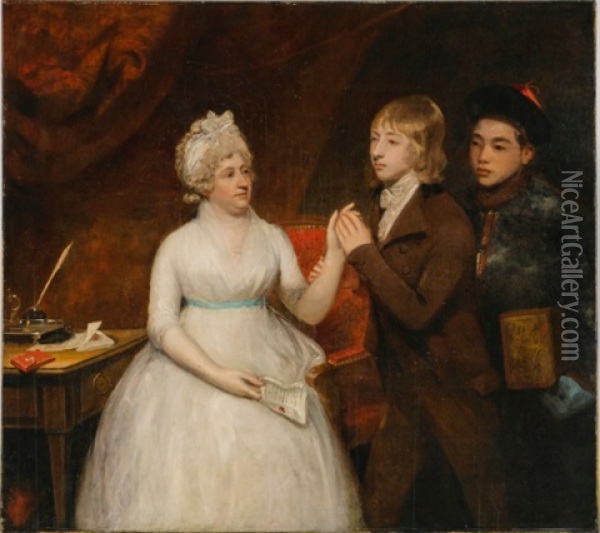 Portrait Of Lady Jane Staunton (d. 1823) With Her Son, Afterwards Sir George Thomas Staunton Bart. (1781-1859), And A Chinese Attendant Holding A Chest Of Tea Oil Painting - Sir John Hoppner