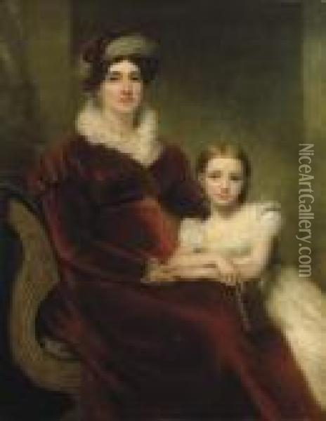 Double Portrait Of Mrs Alexander
 Allan, Three-quarter-length,seated In A Crimson Velvet Dress With White
 Ruff And Cuffs And Acrimson And White Turban, With Her Granddaughter, 
Matilda, In Awhite Lace Dress Holding A Leather Bound Book Oil Painting - Sir Henry Raeburn