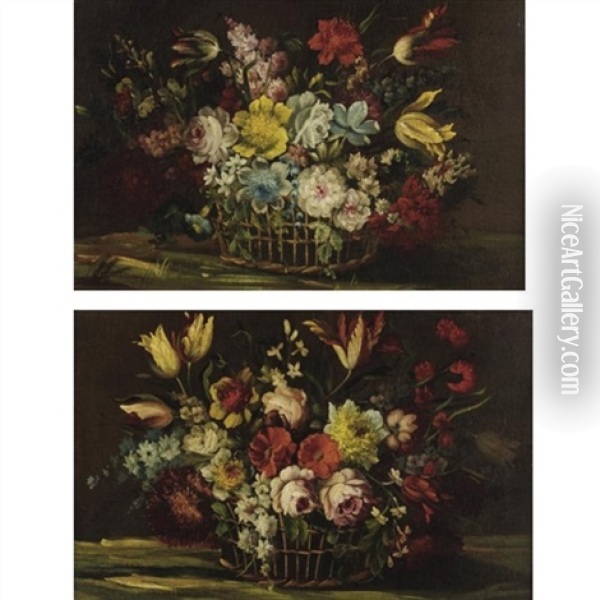 Still Life With Flowers (pair) Oil Painting - Mario Nuzzi