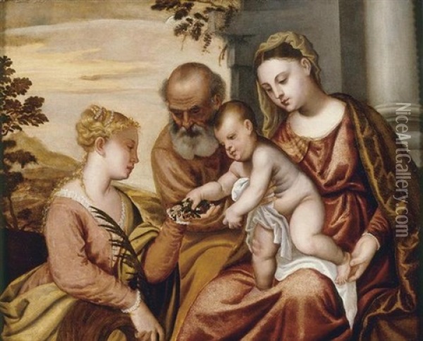 Holy Family With Saint Catherine Oil Painting - Polidoro da Lanciano