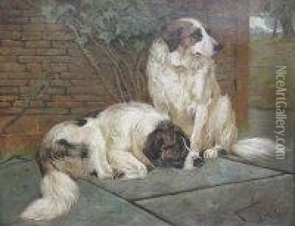 Two Sheep Dogs By A Wall Oil Painting - Arthur Wardle