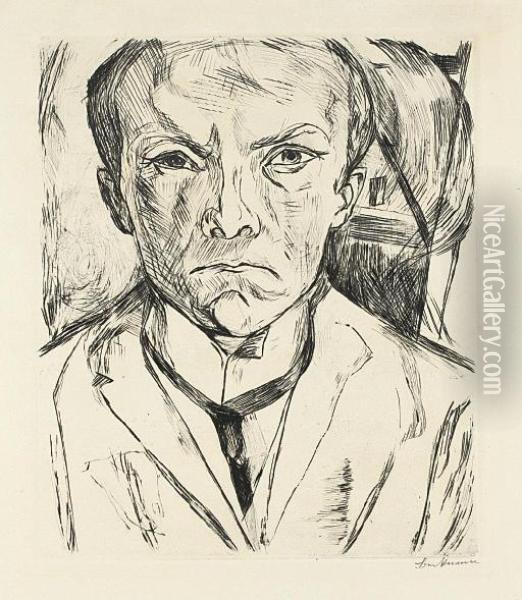 Frontal Self-portrait With House Gable In Background (hofmaier 125 Ii B.a.) Oil Painting - Max Beckmann
