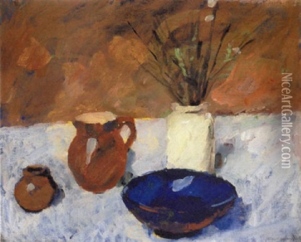 Opstilling Med Grene I Vase, Bla Skal Og Kander Oil Painting - Karl Isakson