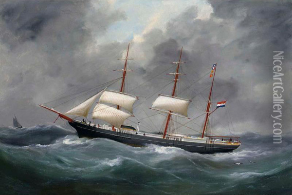 A Portrait Of A Ship Oil Painting - Edmond Ou Edouard Adam