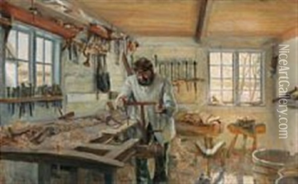 A Cooper In His Workshop Oil Painting - Niels Larsen Stevns