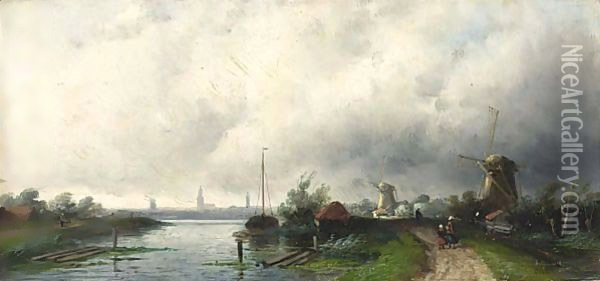 A Summer Landscape With Windmills Along A Waterway Oil Painting - Charles Henri Leickert
