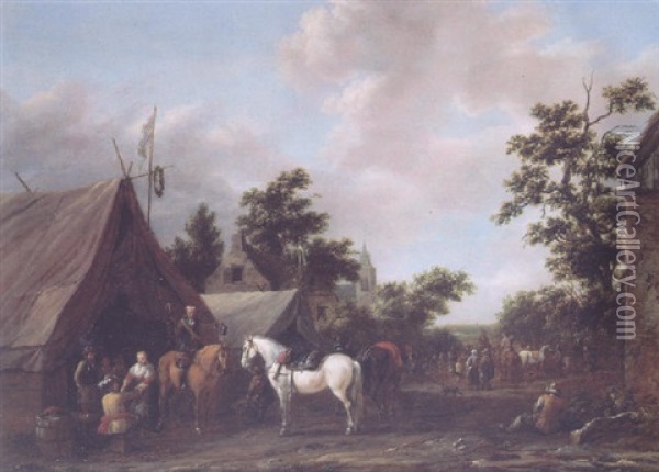 An Officer Flirting With A Maid At An Encampment With Peasants And Travellers In A Village Street Beyond, On A Summer's Day Oil Painting - Barend Gael