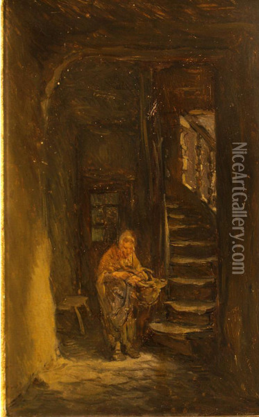 Woman With A Basket In An Entryway Oil Painting - Anton Burger