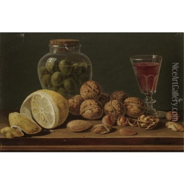 Still Life With Walnuts, Olives In A Glass Jar, A Partly Peeled Lemon And A Glass Of Red Wine Oil Painting - Miguel Parra Abril