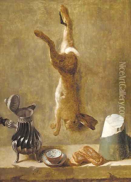 A dead hare hanging from a nail with coffee pot Oil Painting - Jacques Charles Oudry