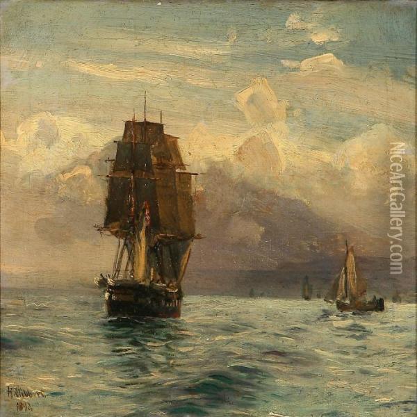 Seascape With A Ship Of The Line On Open Sea Oil Painting - Holger Peter Svane Lubbers