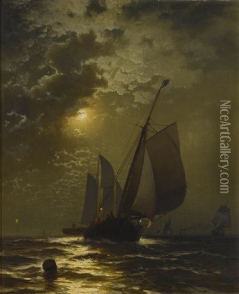 Fishing Boats In The Moonlight Oil Painting - Edward Moran