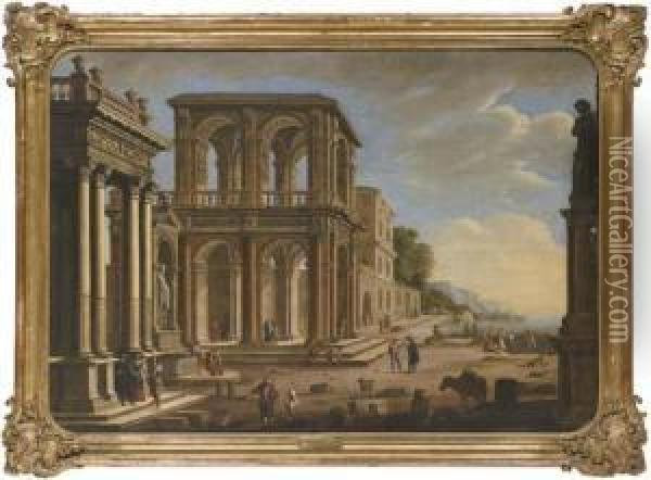 An Architectural Capriccio With An Ionic Portico, A Fountain, A Two Story Loggia Oil Painting - Alessandro Salucci