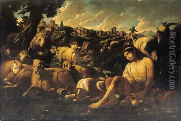A shepherd in an Italianate landscape Oil Painting - Philipp Peter Roos