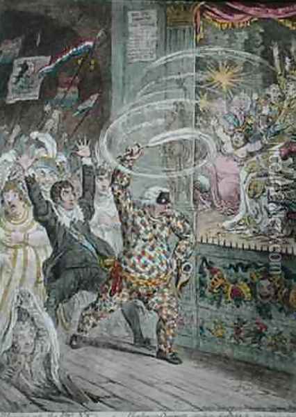 Blowing up the Pic Nics or Harlequin Quixotte attacking the Puppets Oil Painting - James Gillray