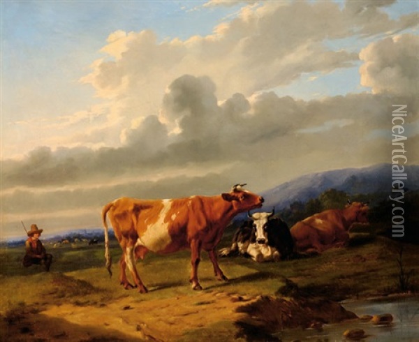 Shepherd With His Cows On The Waterside In A Mountainous Landscape Oil Painting - Rosa Venneman
