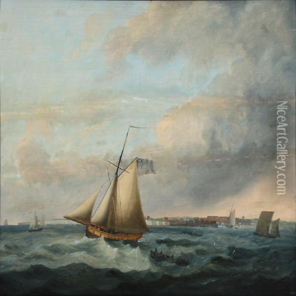 Seascape With Sailing Ships Near The English Coast Oil Painting - Thomas Buttersworth