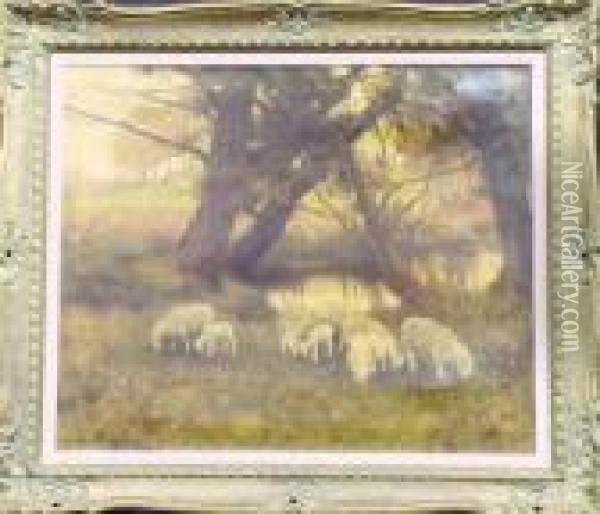 Sheep Grazing At The Edge Of A Pond Oil Painting - Eanger Irving Couse