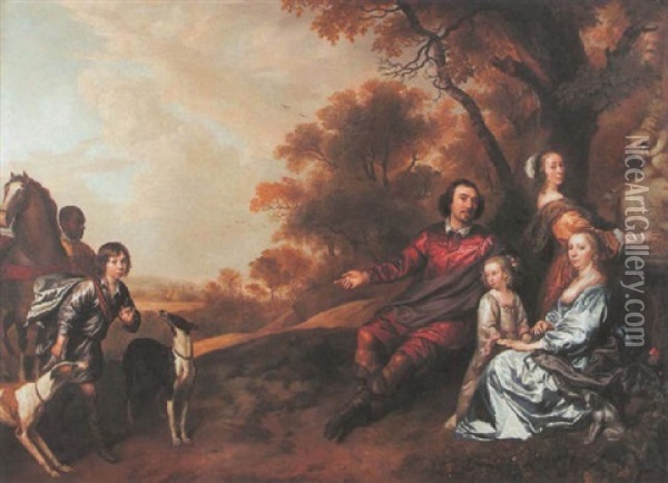 A Family Group Portrait Of A Lady And Gentleman, Their Son, Two Daughters With Dogs And A Horse Held By A Blackamoor Oil Painting - Jan Mytens