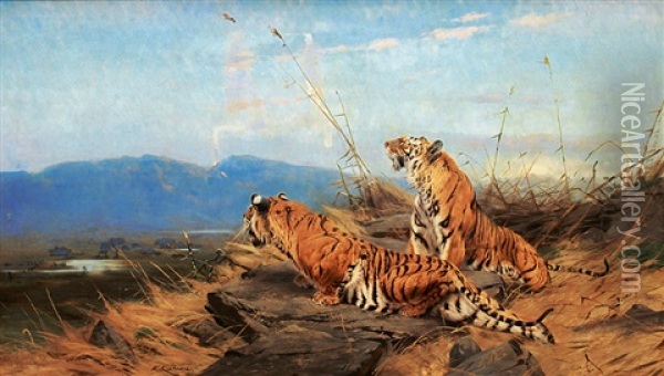 Tigers On The Prowl Oil Painting - Wilhelm Friedrich Kuhnert