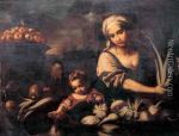 Venditrice Di Ortaggi E Frutta Con Bambina Oil Painting - Antonio Amorosi