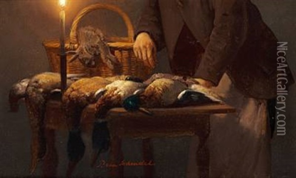 Game Birds On A Table Lit Up By A Candle Oil Painting - Petrus van Schendel