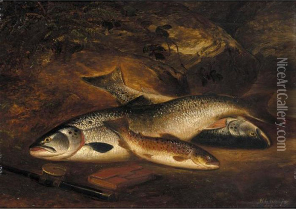 Two Salmon And A Brown Trout Oil Painting - Henry Leonidas Rolfe