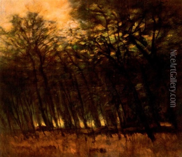 Erdei Fenyek - Tuzek Az Erdoben (forest Lights - Fires In The Forest) Oil Painting - Laszlo Mednyanszky