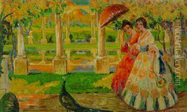 Elegant Ladies In A Formal Garden Oil Painting - Eduardo Soria