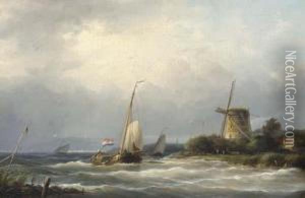 A Sailboat On Rough Seas By A Windmill Oil Painting - Ary Pleysier