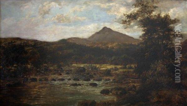 Stepping Stones On The Llugny, Moel Siabod In The Distance Oil Painting - William Henry Mander