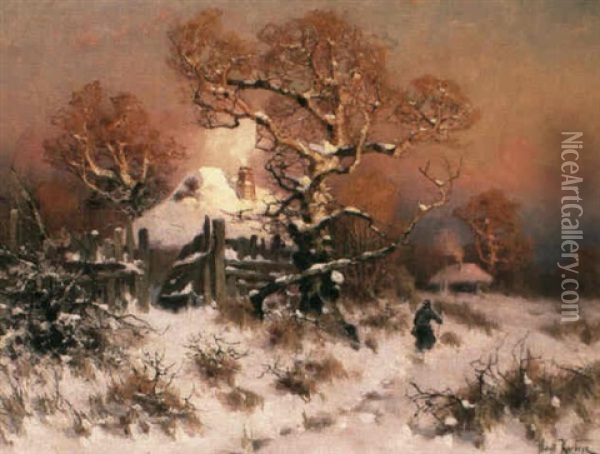 Vinterlandskap Med Hus, Trad Samt Vandringsman -            Aftonrodnad Oil Painting - Yuliy Yulevich (Julius) Klever