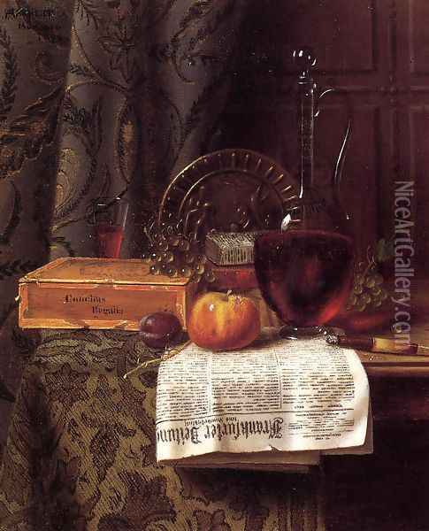 Still Life with Decanter and Frankfurter Zeitung Oil Painting - William Michael Harnett