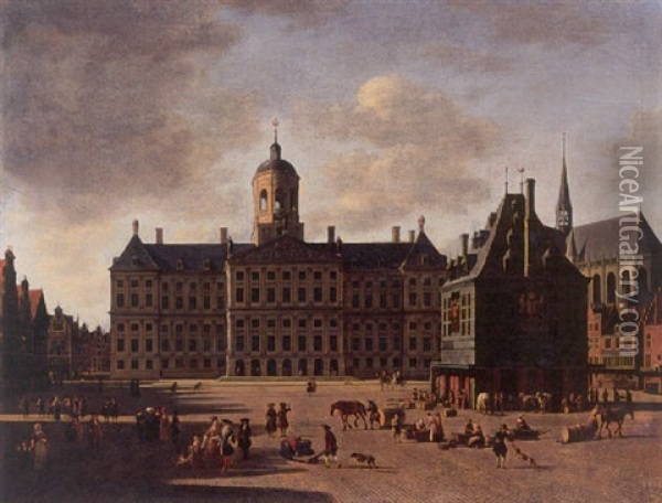 The Dam, Amsterdam With Town Hall, The Nieuwe Kerk And The Waag Oil Painting - Gerrit Adriaensz Berckheyde