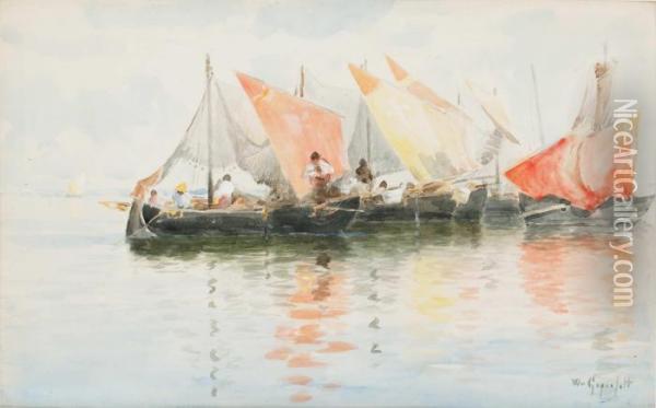 Sydlandska Fiskebatar Med Roda Segel Oil Painting - Wilhelm von Gegerfelt
