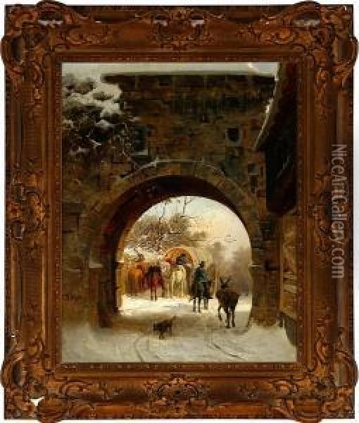 A Winter Day By A Gate, Presumeably In Germany Oil Painting - Ludwig Munthe