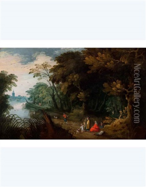 Paesaggio Fluviale Con Figure E Cittadina Sullo Sfondo Oil Painting - Jasper van der Laanen