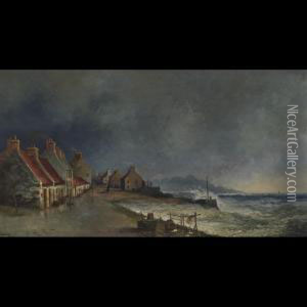 Figures On A Coastal Village Oil Painting - Herkis Hume Nisbet