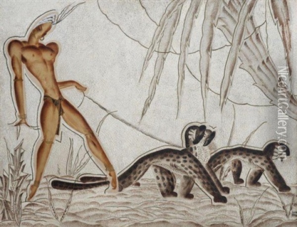 Josephine Baker (?) Tiree Par Des Lynx Oil Painting - Lucien Broque