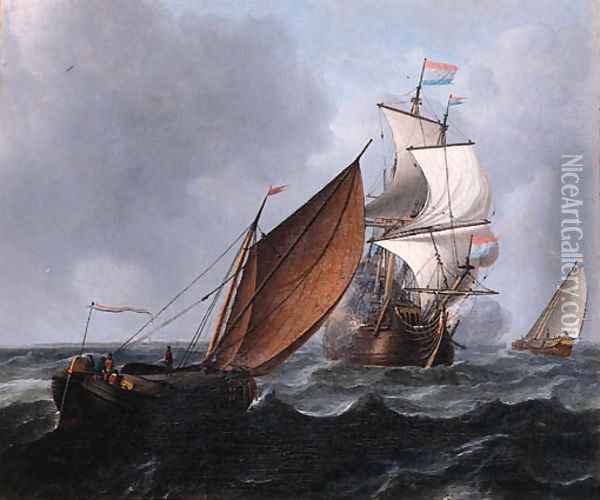 A wijdschip running before the wind while a merchantman fires a salute, in a stiff breeze Oil Painting - Aernout Smit